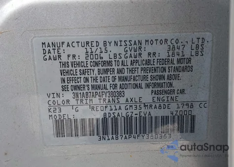 2015 Nissan Sentra Sl from USA, damaged, VIN 3N1AB7AP4FY380383